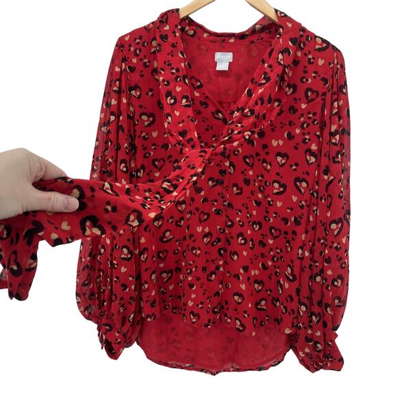 Chico's Blouse Womens Medium Red Heart Leopard Print Button Up Shirt Tie Front - Picture 3 of 10